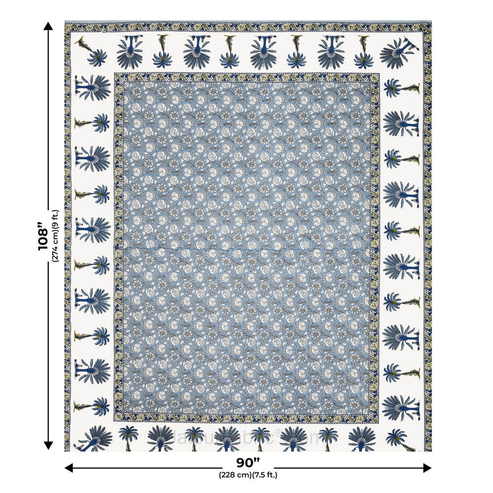 Whimsical Woodcuts Blue Block Print Pure Cotton Double Bedsheet